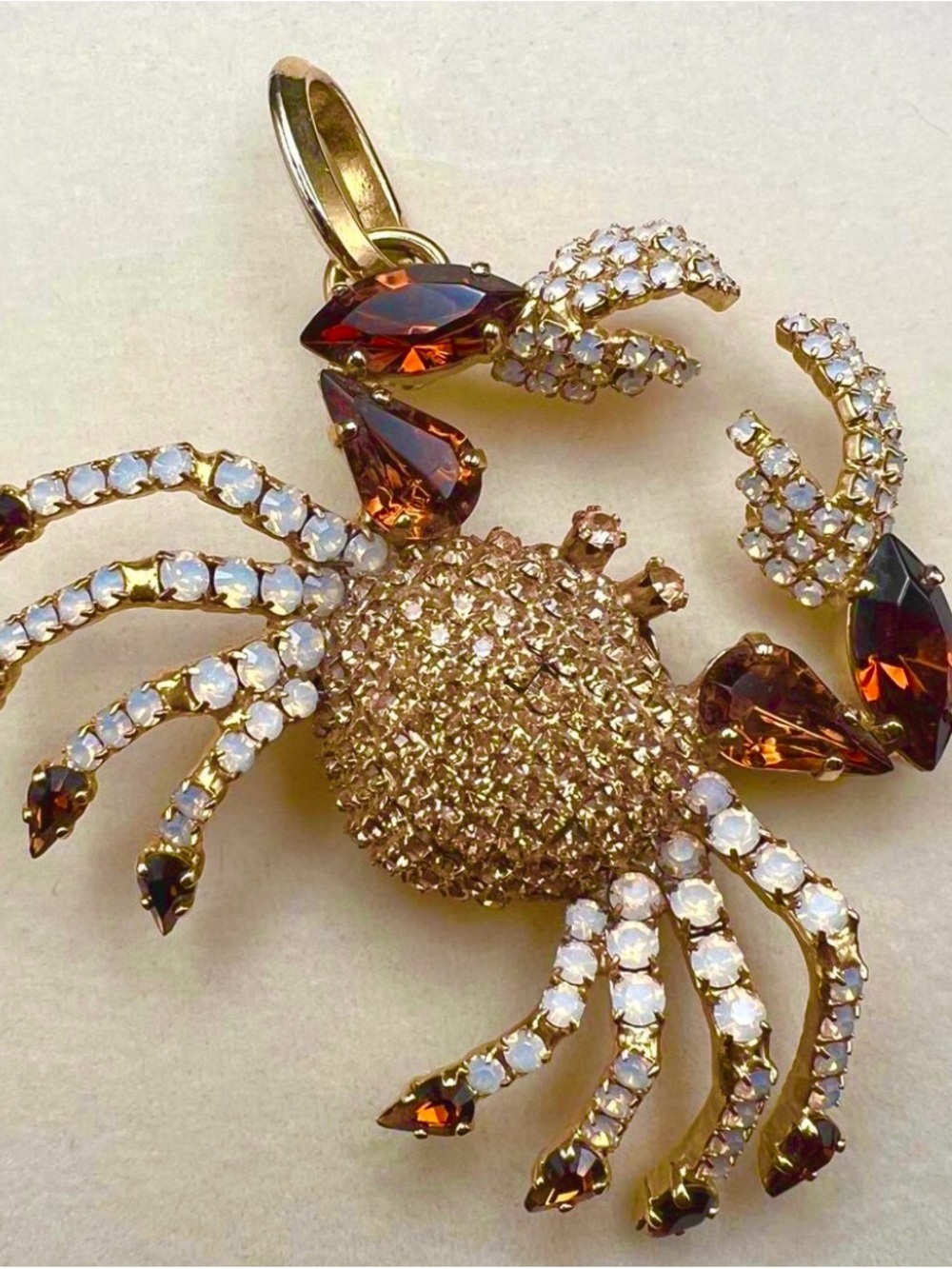 Pavé Rhinestone Crab Pendant 14K Yellow Gold Plated Topaz Milky Opalite Crystal